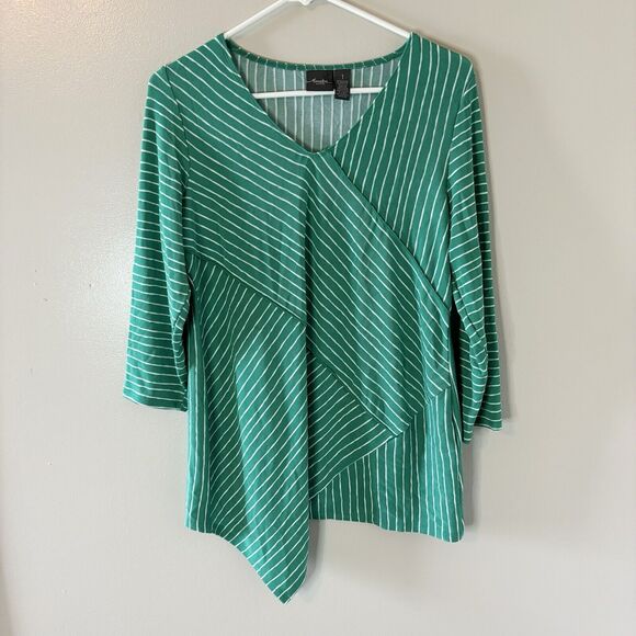 Chico’s Travelers Asymmetrical Top Liquid Knit Green White Stripe Sz 1 Me… - Picture 1 of 8